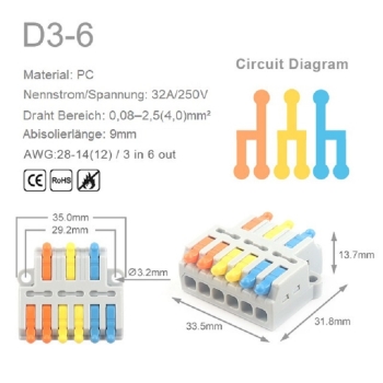 D3-6 Mini Quick Kabelverbinder Schnellverbinder 3 PIN Eingang 6 polig Ausgang